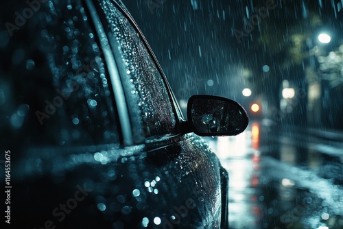 Raindrops glisten on a parked car during a nighttime storm in an urban setting