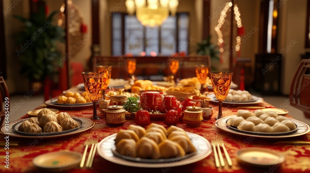 A grand table set for a festive feast, adorned with dumplings, spring rolls, and traditional red and gold decorations. A grand table set for a festive feast, adorned with dumplings, spring rolls, and traditional red and gold decorations.