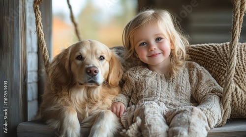 Golden retriever puppy and cheerful girl enjoy a sunny day on a swing set tog...