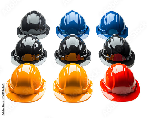 A vibrant collection of safety helmets in various colors, symbolizing construction and industrial safety. Perfect for illustrating workplace safety concepts and diversity. photo