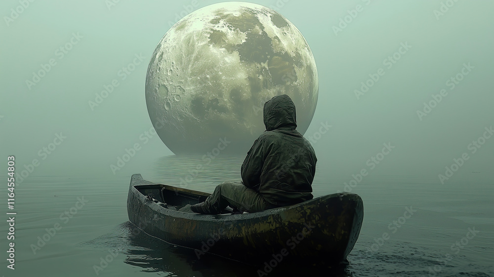 A mysterious person paddles a canoe in serene waters under a giant moon, evoking wonder and a surreal atmosphere.