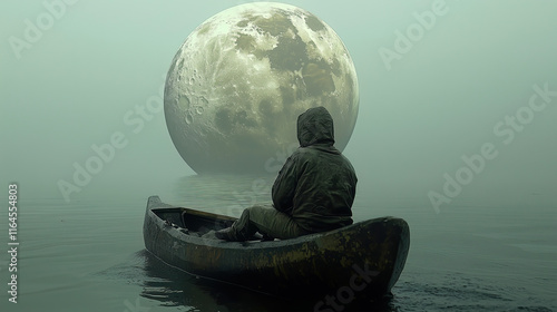 Obraz na płótnie A mysterious person paddles a canoe in serene waters under a giant moon, evoking wonder and a surreal atmosphere. w salonie