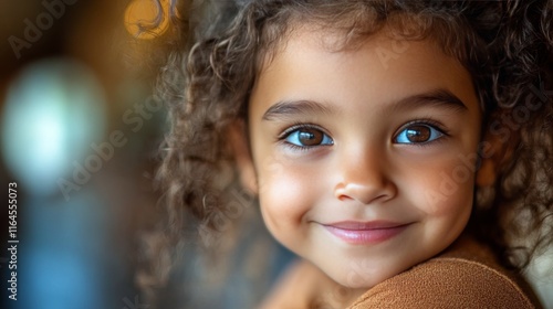 Happy child with curly hair smiling warmly in a vibrant indoor setting
