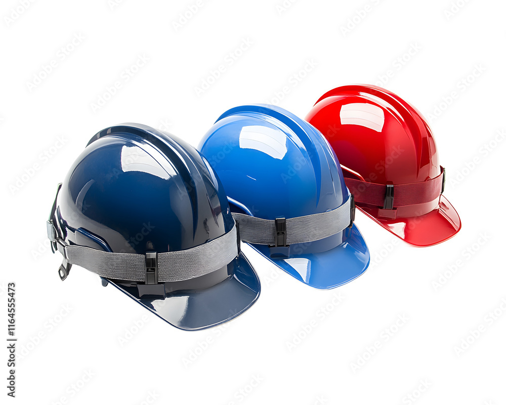 Fototapeta premium A collection of three safety helmets in blue, red, and navy colors, symbolizing workplace safety and protection. Ideal for industries focused on construction and manufacturing.