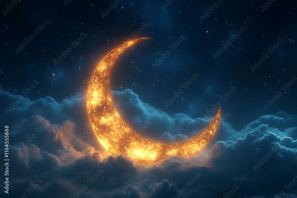 Glowing crescent moon above clouds at night. Glowing crescent moon above clouds at night.