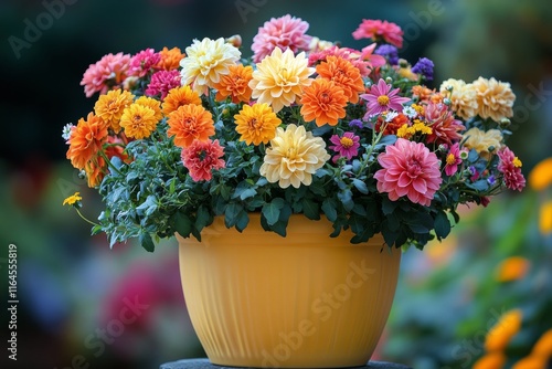 Colorful flowers in a yellow pot on a wooden surface during daylight near a g...