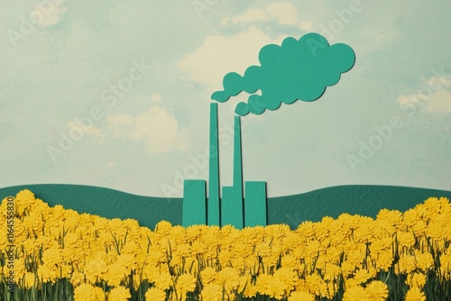 Paper Art Representation of Factory and Yellow Flower Field Landscape photo