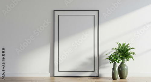 Wallpaper Mural Interior poster mock up with vertical metal frame and plants in vase on white wall background. 3D rendering. Torontodigital.ca