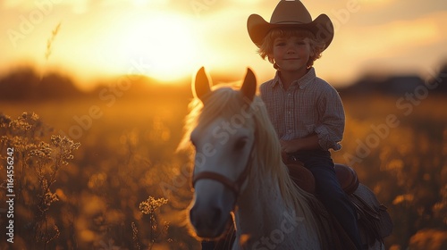 Young child enjoys riding a horse in a rural setting on an overcast day