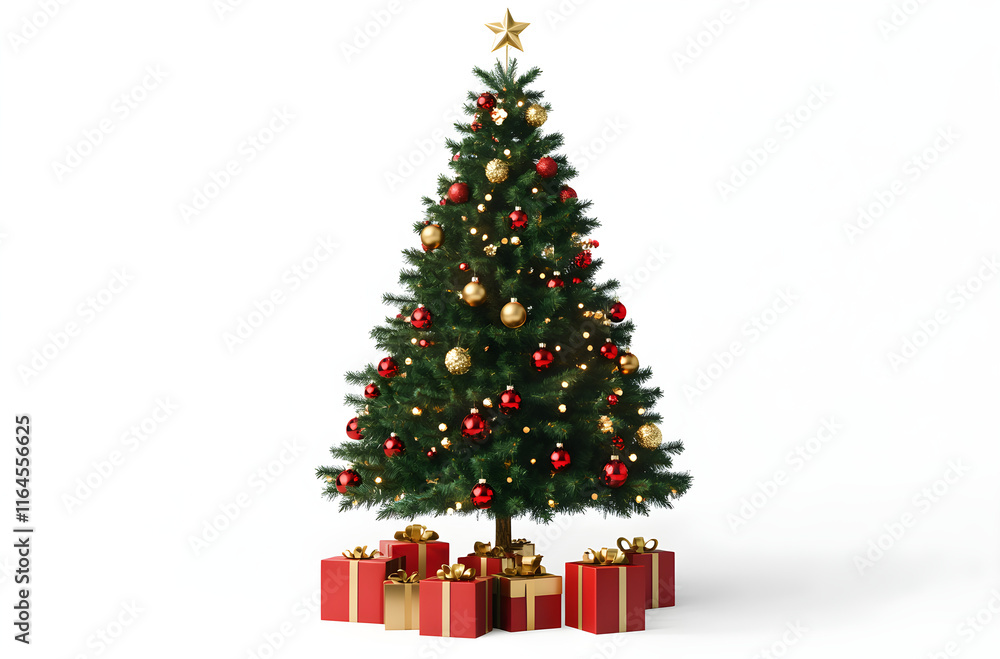 Festive Christmas Tree with Ornaments and Gift Boxes Isolated on White Background. AI generative. Festive Christmas Tree with Ornaments and Gift Boxes Isolated on White Background. AI generative.