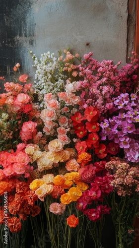 Colorful assortment of fresh flowers displayed in a cozy shop setting