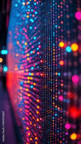 Colorful light display illuminates a city street at night