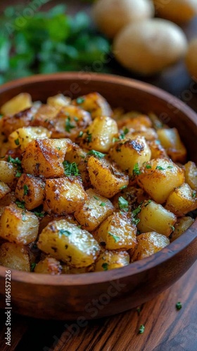 Crispy roasted potatoes with herbs served in a wooden bowl on a rustic table