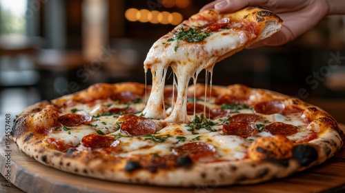 A person is holding a slice of pizza with melted cheese