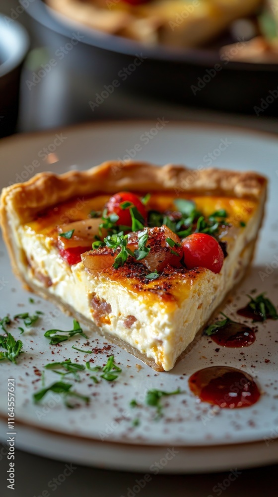 Savory vegetable quiche slice served on a white plate with herbs in a cozy cafe setting Savory vegetable quiche slice served on a white plate with herbs in a cozy cafe setting