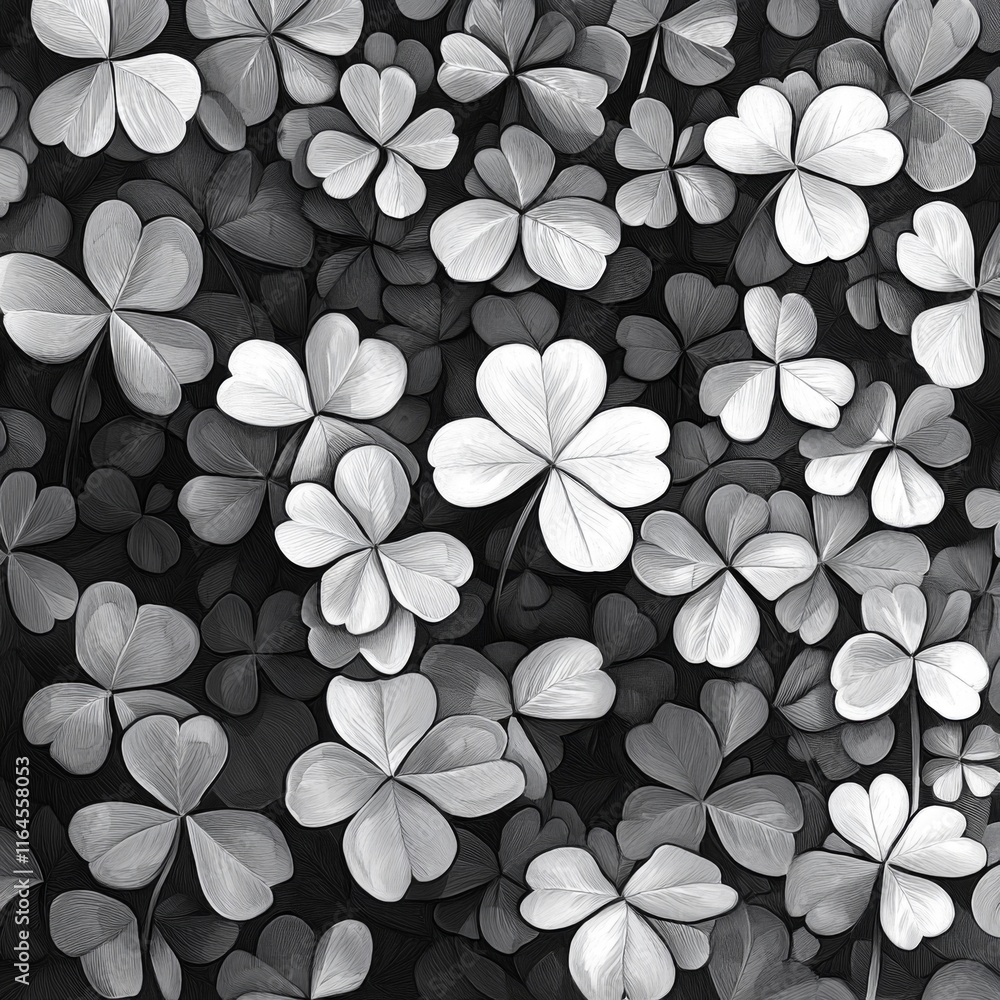 Fototapeta premium Monochrome close-up of numerous clover leaves.