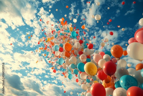 Colorful balloons drifting into a bright blue sky with scattered clouds durin...