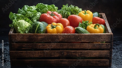 Freshly harvested tomatoes and broccoli receive water spray in a farmer's mar...