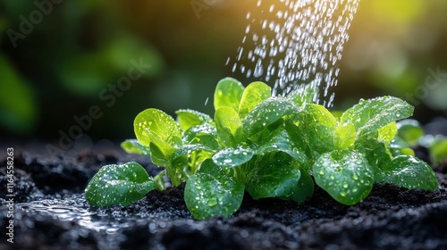 Fresh lettuce being watered in vegetable garden during sunny day for healthy ...