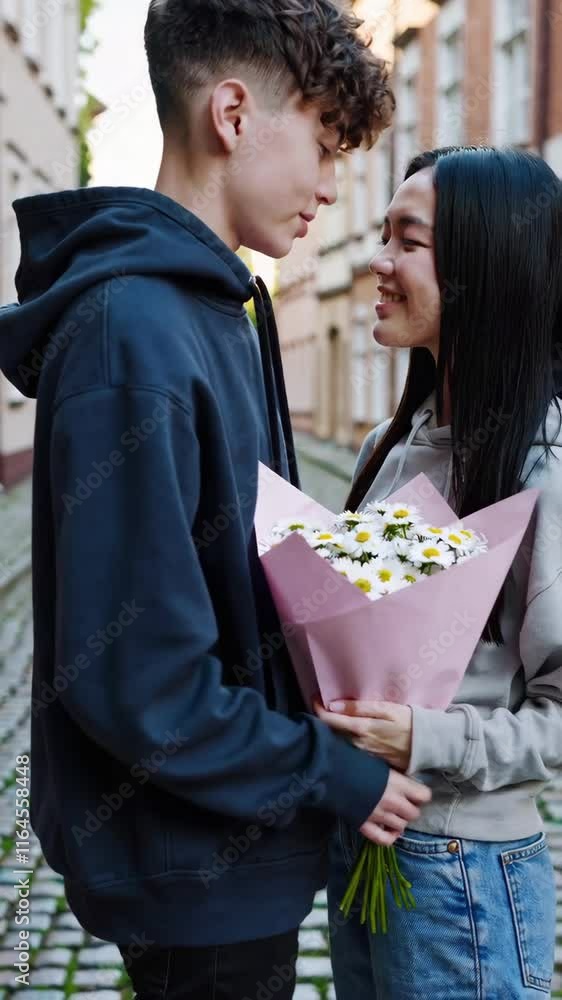 Young Couple Sharing a Romantic Moment with Flowers Footage Young Couple Sharing a Romantic Moment with Flowers Footage
