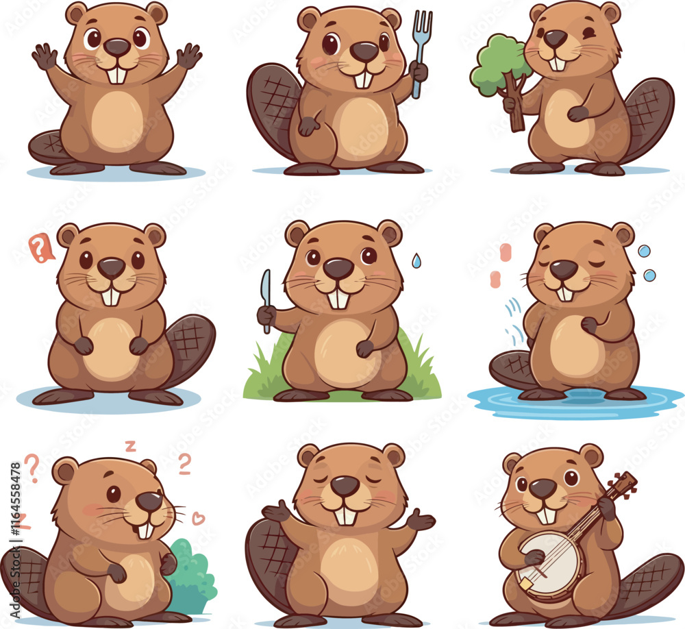 Fototapeta premium Cute Cartoon Beaver vector and illustration white color Background