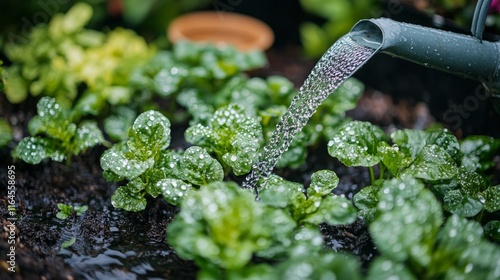 Fresh lettuce being watered in vegetable garden during sunny day for healthy ...