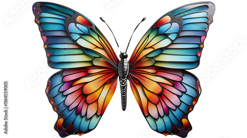 A multicolored butterfly made from plasticine clay, shown on a white surface, studio view, isolated on transparent background. photo