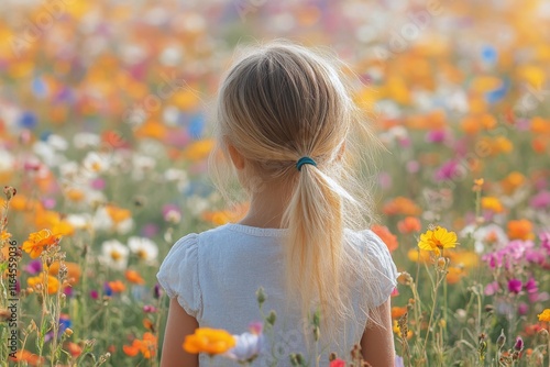 Girl in a white dress stands in a vibrant flower field under a blue hat