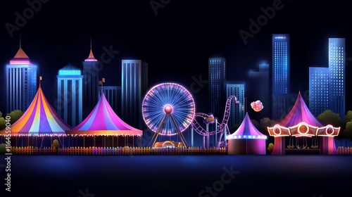 Amusement park night scene Vector carnival fair attractions like Ferris wheel circus tent roller coaster carousel candy booth glowing lights and cityscape photo