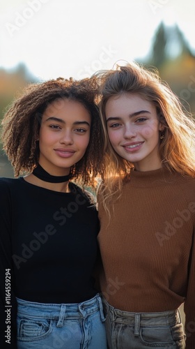 Two smiling friends posing together outdoors in autumn lighting