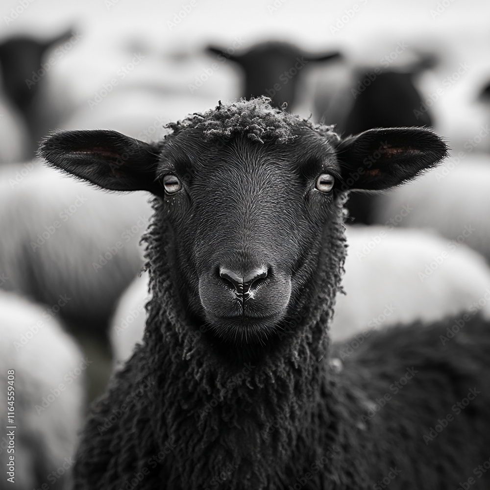 Portrait of a black sheep in focus surrounded by a blurred flock of white sheep Portrait of a black sheep in focus surrounded by a blurred flock of white sheep