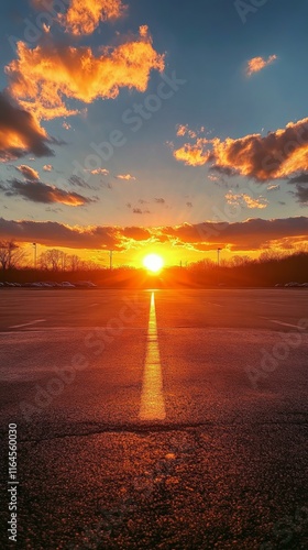Parking lot at sunset with vibrant colors and a peaceful atmosphere in the ev...