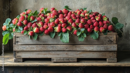 Freshly harvested strawberries in rustic wooden crate at a farm