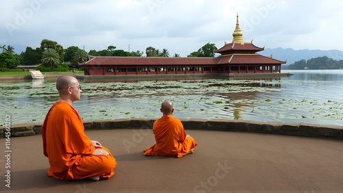 Buddhist monks meditate to calm the mind. The brain will refresh the secretion of Indoine. Make happy photo