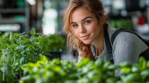 Young woman tending to mint plants in a greenhouse during the afternoon in sp...