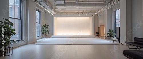 Minimalist studio space with large windows, white walls, and a raised platform.