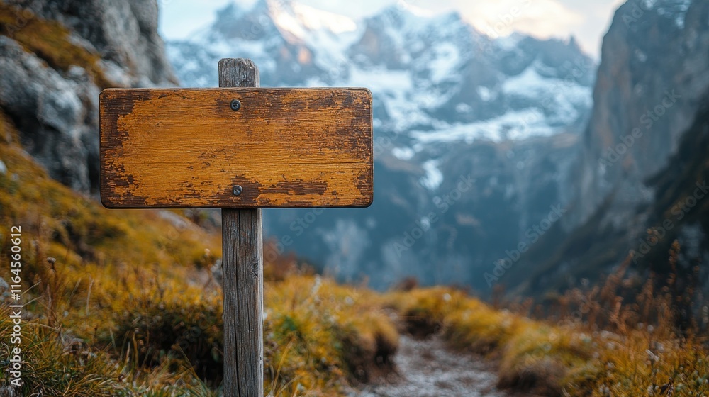 Mountain trail sign indicating direction amidst beautiful alpine landscape during sunset Mountain trail sign indicating direction amidst beautiful alpine landscape during sunset