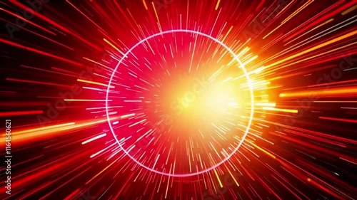 Vibrant explosion background with circular neon frame and dynamic light rays