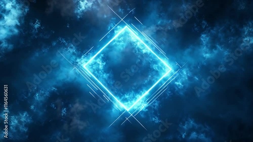 Futuristic blue abstract background with neon diamond frame and dramatic clouds