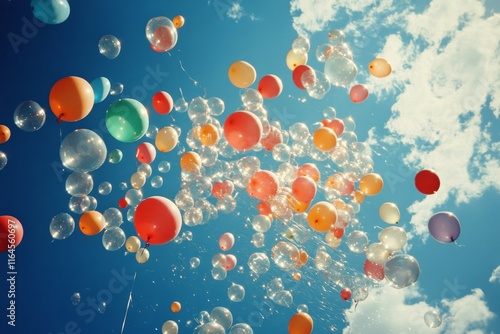 Colorful balloons drifting into a bright blue sky with scattered clouds durin...