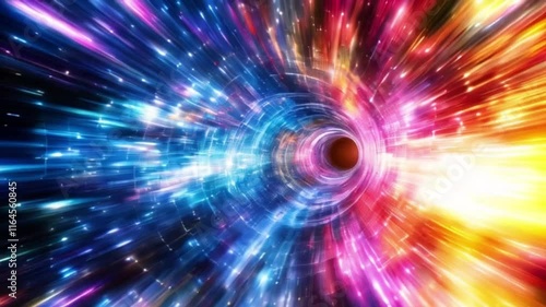 Vibrant cosmic tunnel background with dazzling light bursts and colorful rays