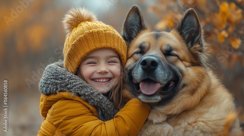 Joyful girl in yellow coat hugs happy dog during autumn day in a park