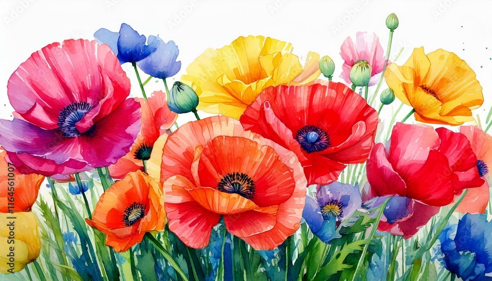 Obraz premium Beautiful composition with watercolor hand drawn colorful poppy flowers.