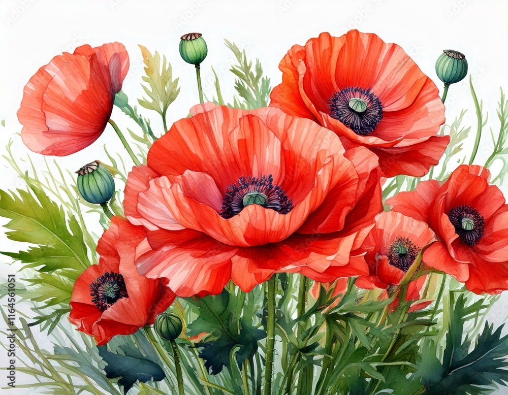 Beautiful composition with watercolor hand drawn colorful poppy flowers.