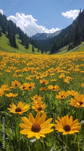 Yellow wildflowers blooming in a lush green field during springtime
