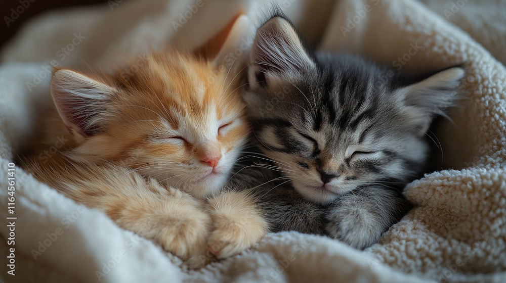 Two fluffy kittens cuddling together on a soft blanket. Warm natural lighting, cozy and tender atmosphere Two fluffy kittens cuddling together on a soft blanket. Warm natural lighting, cozy and tender atmosphere