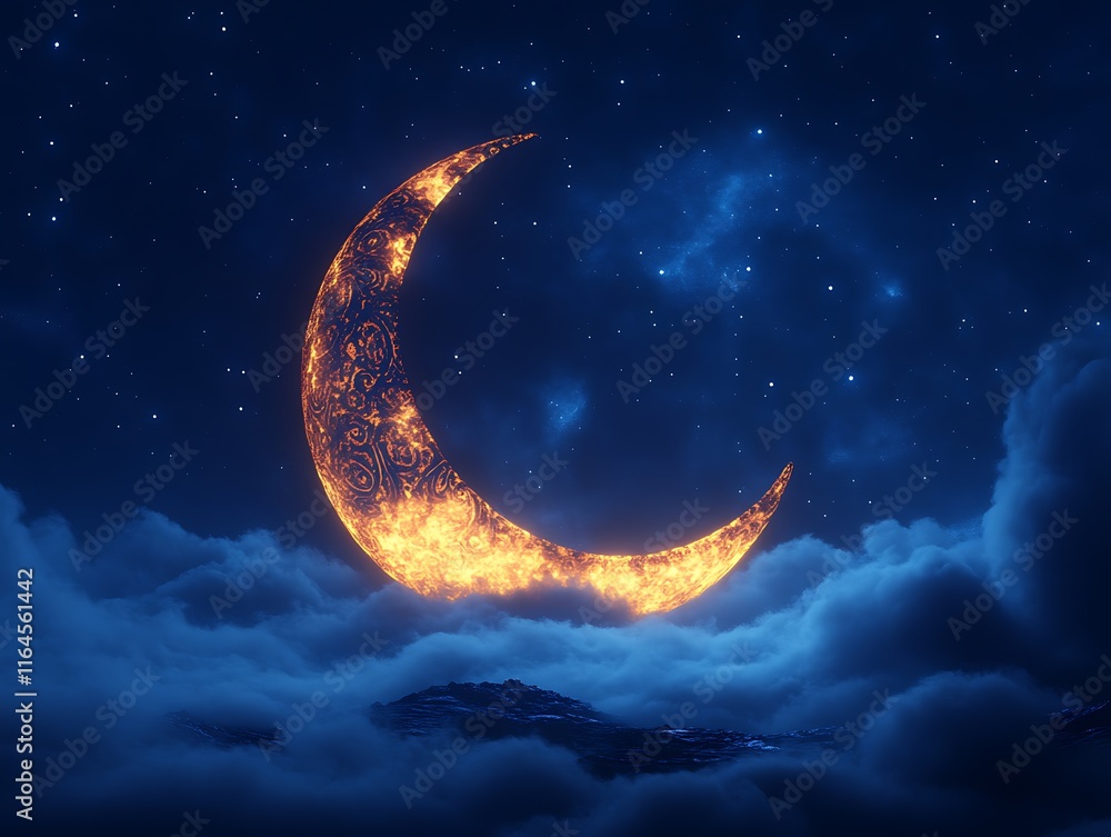 Fiery crescent moon above clouds and stars. Fiery crescent moon above clouds and stars.