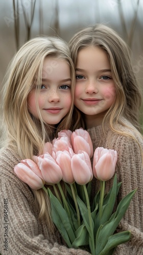 Two friends embracing each other while holding pink tulips in a cozy setting ...