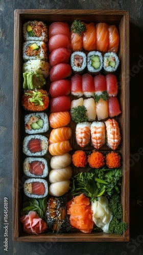 Vibrant sushi platter showcasing a variety of rolls and seafood with fresh ga...