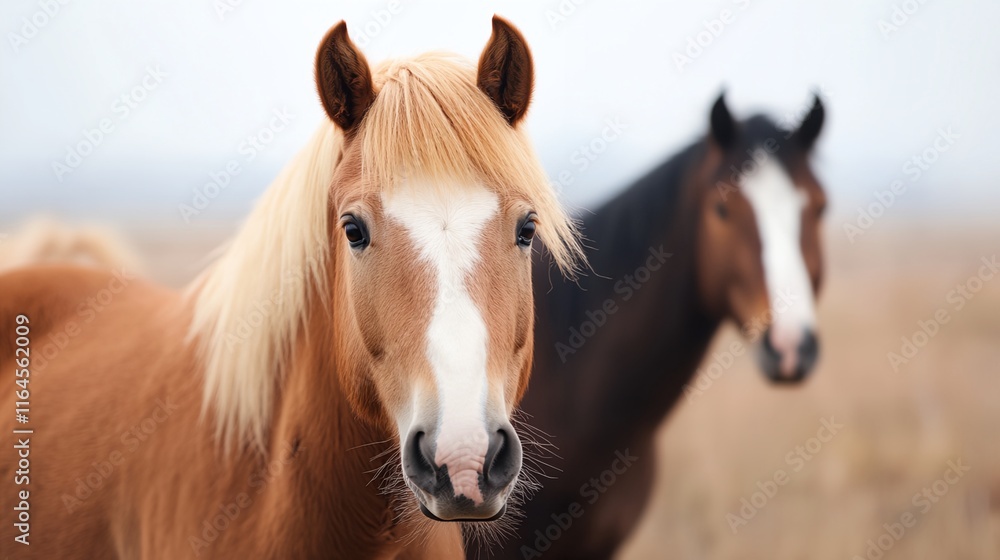 two horses standing in a field with a sky background two horses standing in a field with a sky background